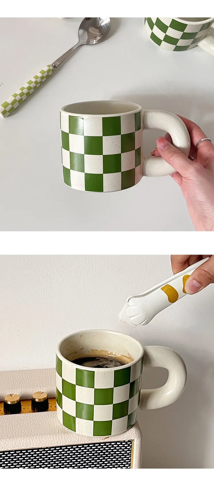 Retro ceramic mug 300 ml – white & green checker with white handle – Die‑Tassen.de